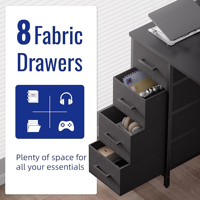 Pamray 47 Inch Computer Desk with 8 Fabric Drawers PC Gaming Desk Home Office Study Work Writing Table for Bedroom Marble