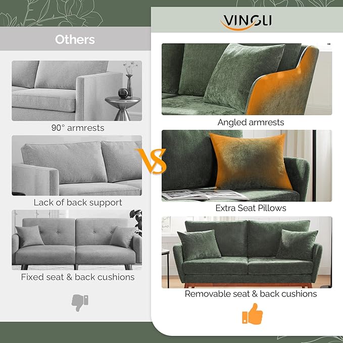 VINGLI 63.5 W Comfortable Small Upholstery Love Seat Couch with Soild Wood Frame 2 Seater Mid Century Linen Fabric Loveseat Sofa Mini Couch with Two Pillows for Small Spaces Bedroom Green