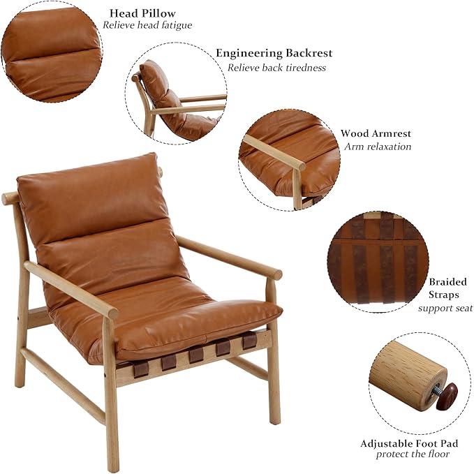 Kmax Modern Sling Accent Chair Upholstered PU Leather Living Room Chair Comfy Lounge Chair Solid Arm Chair for Reading Room Backyard Brown