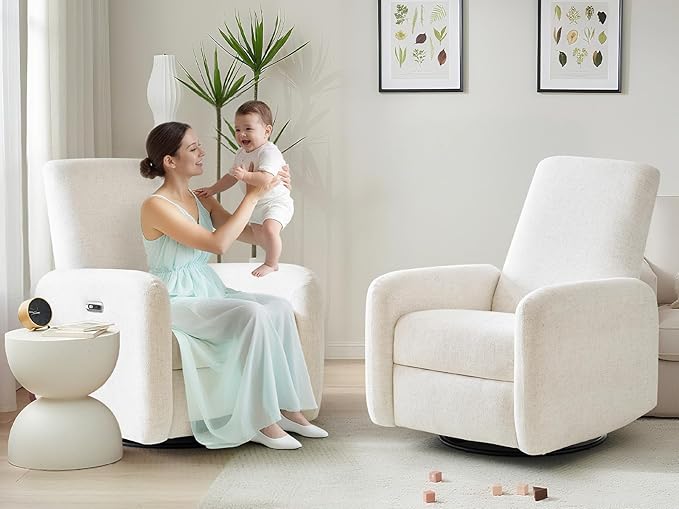 Power Recliner Chair Swivel Rocker Recliner w/USB &amp Type-C Charging Ports Chenille Upholstered Swivel Rocker Glider Recliner for NurseryLiving Room Bedroom Set of 2 Cream