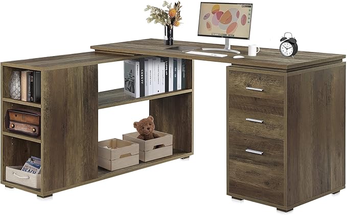 BELLEZE L Shaped Computer Desk 60” Study Writing Table Home Office Desk Morden Corner Workstation Setup with Adjustable Storage Shelves and 3 Drawers Rustic Oak