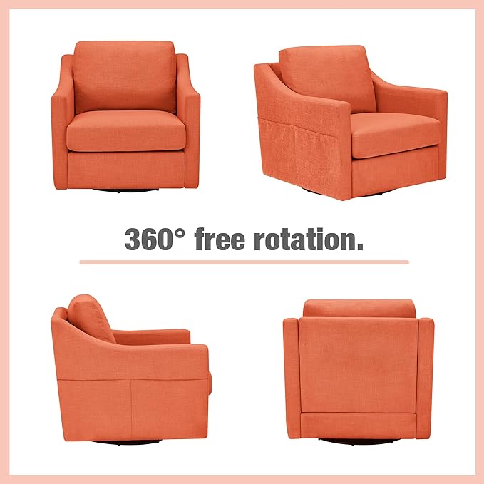 HOMREST 360° Swivel Accent Chair Single -Terracotta Orange Linen Fabric Armchair with Lumbar Pillow &amp Storage Pockets Ergonomic Barrel Chair for Living Room Office Bedroom