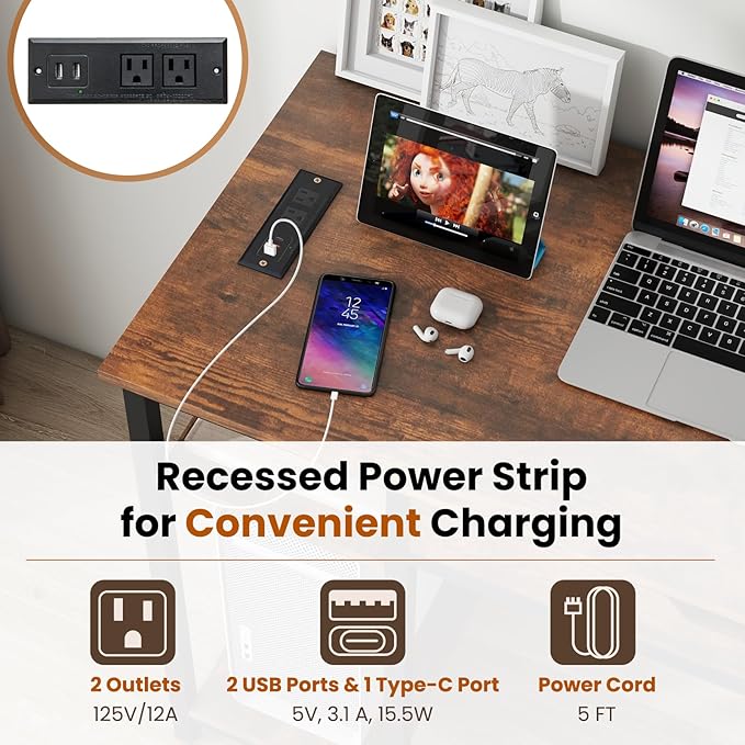Tangkula Computer Desk with Charging Station 40” Industrial Home Office Desk with Drawer &amp Adjustable Shelf Compact Computer Workstation with CPU Stand &amp Headphone Hooks Study Writing Desk