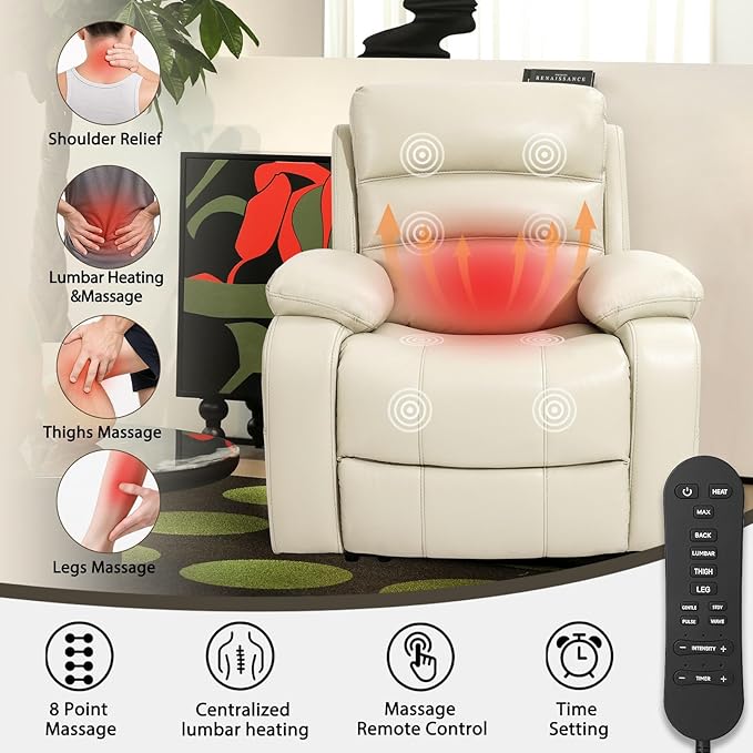 EONIX Real Zero Clearance Wall Hugger Recliners Power RV Recliner Chairs for Small Spaces Dual Motor Home Theater Recliners with Massage and Heat SXXY003992 Cream White
