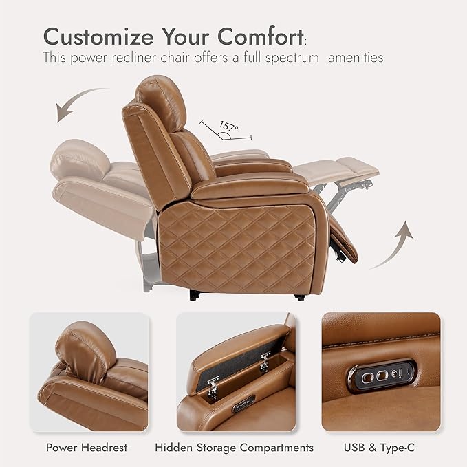 Watson &amp Whitely Genuine Leather Power Recliner Chairs for Adults Zero Gravity Recliner with Power Headrest &amp Hidden Storage Electric Reclining Sofa Chair for Living Room Home Office Saddl