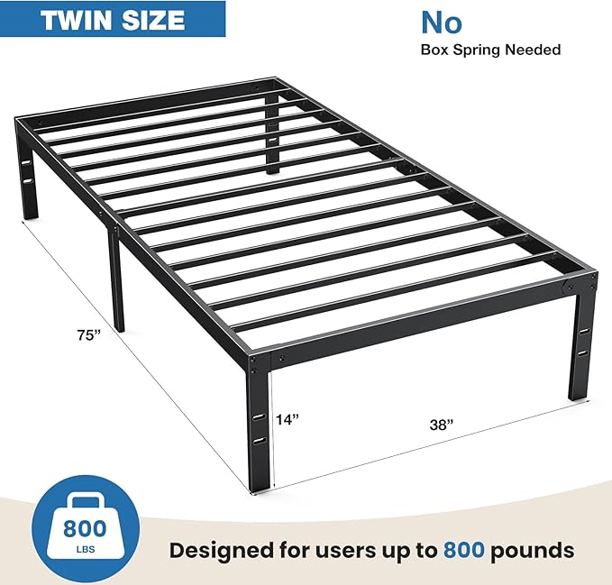OLIXIS Metal Twin Bed Frame - 14in High with Storage Space No Box Spring Needed with Sturdy Steel Slat Support 800LBS Heavy Duty for Easy Assembly Black for Bedroom