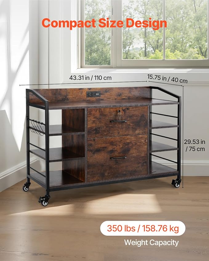 VEVOR 2 Drawers Metal File Cabinet Lateral Filing Cabinet with Lock and 6 Open Shelves Wooden Wide Filing Storage Cabinets with Power Strip for Letter A4 Legal Size File Easy Assembly Brown