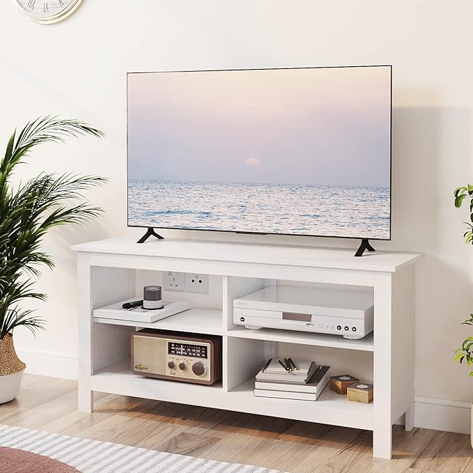 43 Inches TV StandMid Century Modern Entertainment Center with 4 Open Shelves Farmhouse TV Media Console Table for Living RoomBedroomTelevision Stand up to 50 Inches(White)
