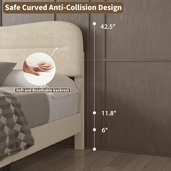 Twin Bed Frames with Headboard Upholstered Bed Frame Twin Teddy Soft Boucle Fabric Twin Size bedframes Soft Cloud Marshmallow Shape Upholstered Headboard No Box Spring Needed Noise Free (Beige)