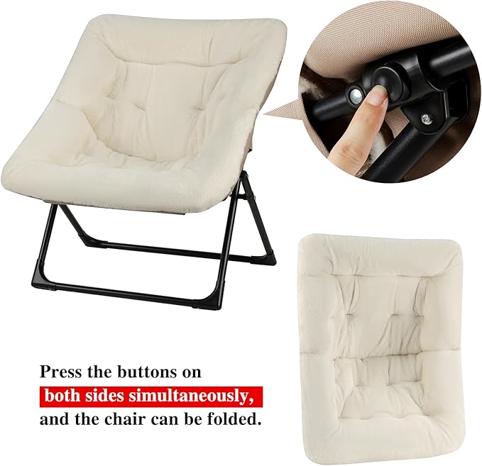 Comfy Saucer Chair for Adults Soft Faux Fur Bedroom Chair Accent Dorm Chairs Flexible Living Room Reading Chairs Oversized Folding Seat for Teens X-Large Beige