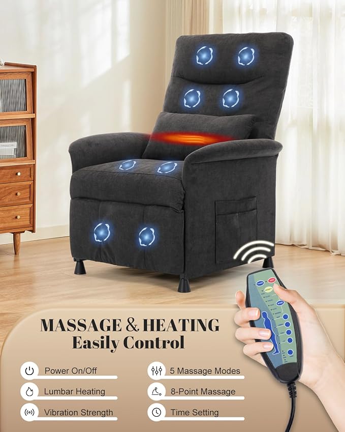 Power Recliner Chair for Adults - Electric Reclining Sofa with Side Pocket &amp Remote Adjustable Recliner for Living Room or Home Theater Seating
