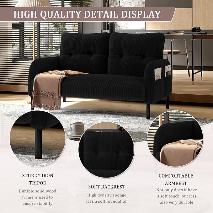 Corduroy Loveseat for Living Room &amp Bedroom - Modern 2-Seater Sofa with Storage PocketsSolid Wood Frame High-Density FoamComfortable Compact Couch for Small Spaces500 lb Capacity (Black)