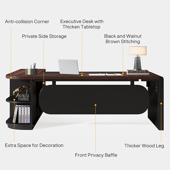 Tribesigns 80'' L-Shaped Desk Large Executive Office Desk with 55'' Drawers Cabinet Modern Computer Table with Storage Shelves Business Furniture for Home Office Walnut &amp Black