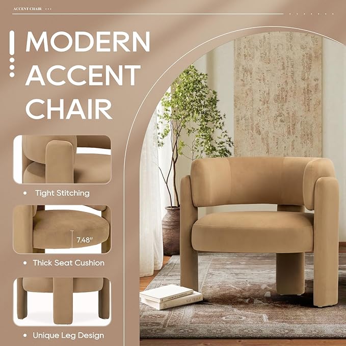 COLAMY Modern Accent Chair Set of 2 Velvet Accent Chairs Upholstered Barrel Chairs with Solid Wood Legs Comfy Side Chair for Living Room Bedroom Reading Cozy Reading ChairKhaki
