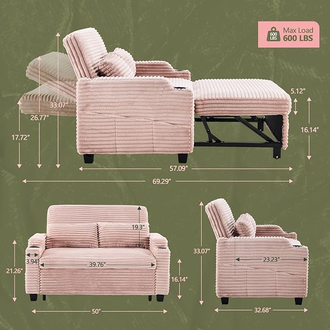 VINGLI Pink Futon Sofa Bed Convertible Loveseat Sleeper Sofa Couch Corduroy Pullout Sofa Fold Out Couch Bed with USB Ports Cup Holders Armrest for Living Room Bedroom Apartment Room | Loveseat Sle