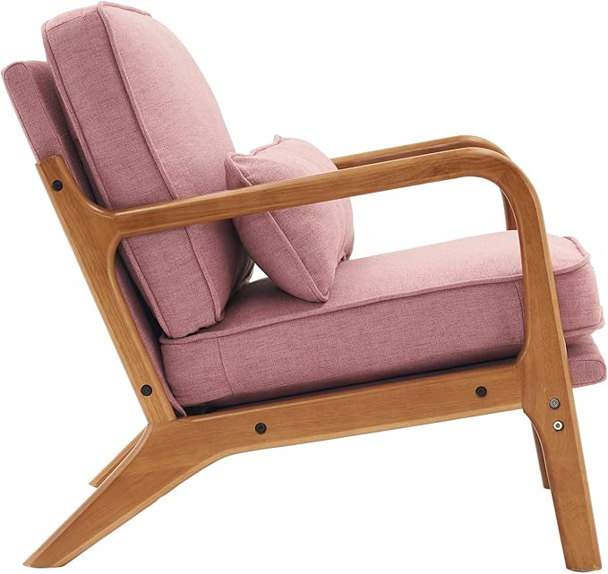 i-POOK Accent Chair Mid-Century Linen Fabric Upholstered Armchair with Pillow and Back Cushion Comfy Single Sofa Chair with Solid Wood Legs Reading Chair for Living Room Bedroom Office Pink