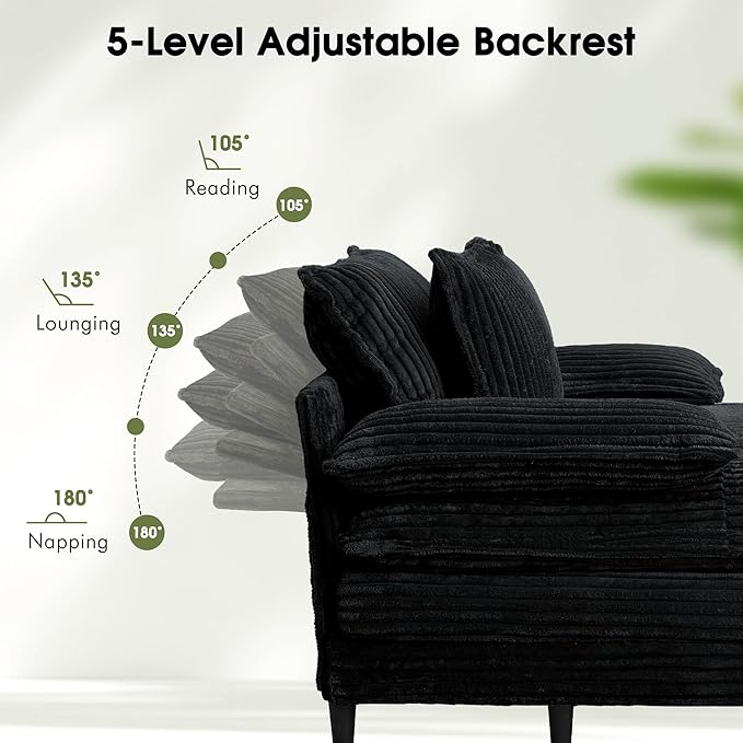 55 W Oversized Chaise Lounge Sofa Couch with 5-Position Adjustable Backrest Corduroy Sleeper Chair Sofa Bed Reading Chair ‌with Deep Seat Cloud Couches for Living Room Bedroom Black