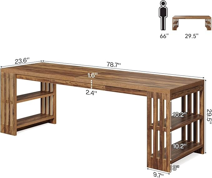 LITTLE TREE 78.7 Long Desk 2 Person Desk with Shelves Large Wooden Computer Desk Heavy Duty Shelf Legs Design for Two Person Home Office Business Workstation Brown (78.7 W x 23.6 D)