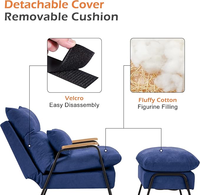MCombo Accent Recliner Chair with Ottoman Modern Fabric Armchair Upholstered Sofa Bed for Living Room Bedroom Small Space 4055 (Black Frame Blue)