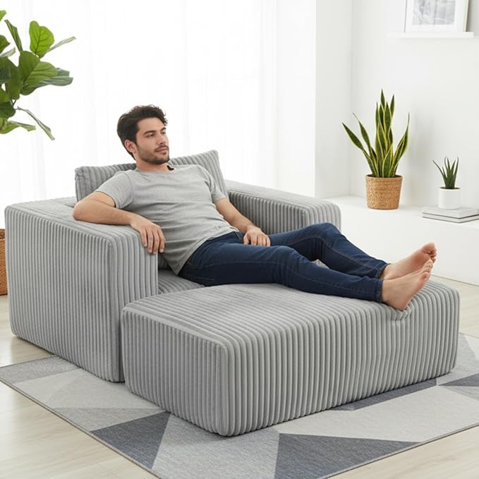 50.98'' Corduroy Boneless Couch with Square Armrests and 2 Cushions Modern Luxury Compressed Sofa Couch with Movable Ottoman No Assembly Required Living Room Apartment HotelGrey