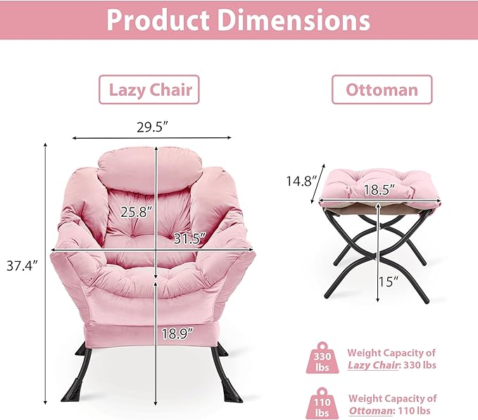 Lazy Chair with Folding Ottoman Accent Chair Velvet Upholstered with Metal Structure and Non-Slip Pads Sofa Armchair with Footrest and Side Storage Bag for Dorm Room Office Pink