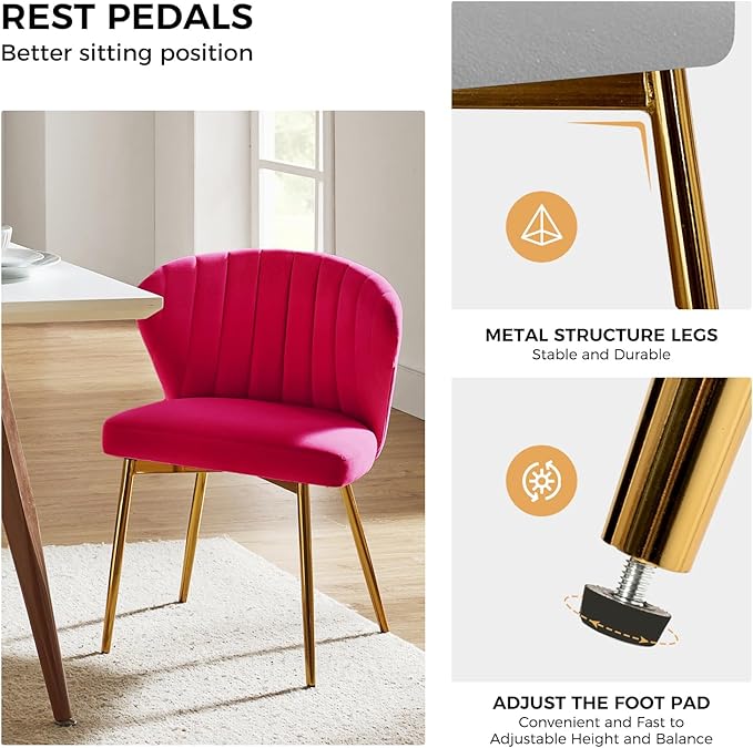 HULALA HOME Velvet Dining Chairs Modern Small Armless Accent Chair with Gold Metal Legs Living Room Upholstered Cute Side Chair Elegant Tufted Back Vanity Chair for Bedroom/Beauty Room-Fuchsia