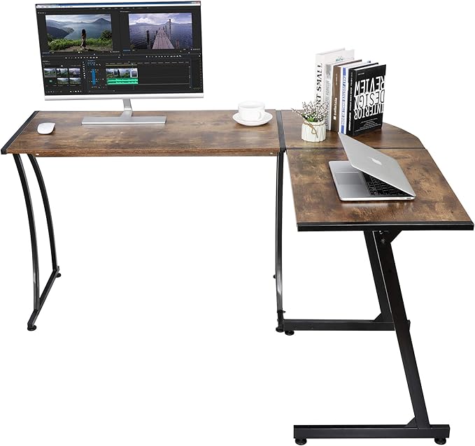 L-Shaped Corner Computer Desk Modern Gaming PC Study Table Writing Workstation for Home Office Rustic Brown