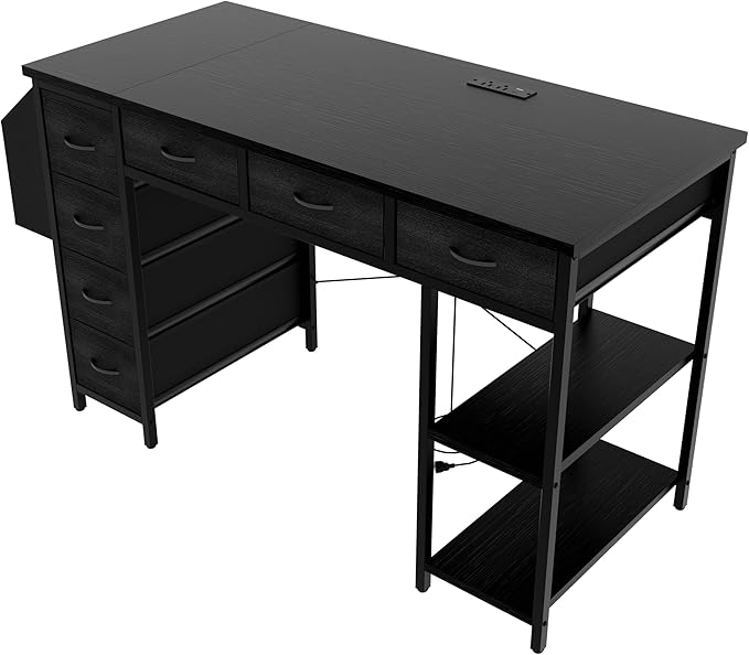 Modern 47 Home Office Writing Desk with Power Outlet &amp Drawers Gaming Desk w/ 2 Monitor Stands &amp Side Pocket for Office Crowd &amp Gaming Crowd (White)