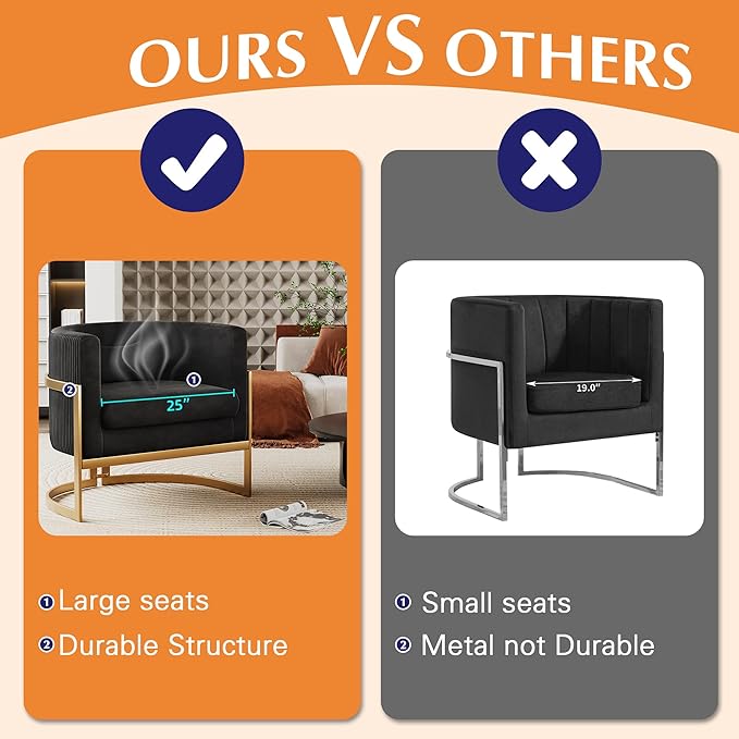 Alunaune Upholstered Velvet Accent Chair Barrel Chair Modern Armchair Living Room Lounge Chairs Sofa Tub Bucket Club Chairs for Bedroom-Black