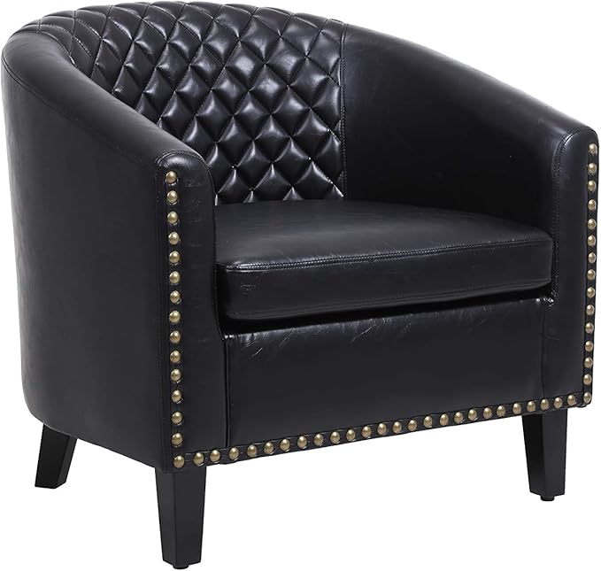 Accent Barrel Chair Living Room Chair with Nailheads and Solid Wood Legs Black pu Leather