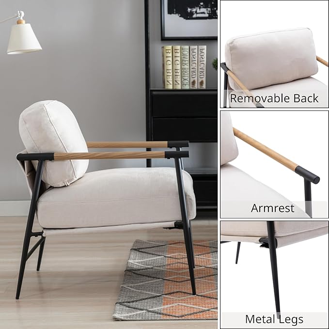 CIMOTA Modern Accent Chair Comfy Armchair Chenille Fabric Living Room Chair with Metal Frame Upholstered Leisure Chairs with Thick Cushion for Living Room Bedroom Balcony 1PC Beige
