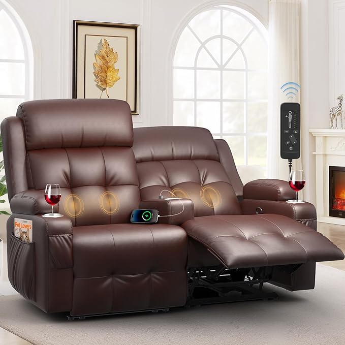 Reclining Loveseat 55.1 RV PU Leather Wall Hugger Recliner Love Seats Sofa with Charging Station Removable Armrest Cup Holder Double Recliners Couch Manual Love Seat for Living Room