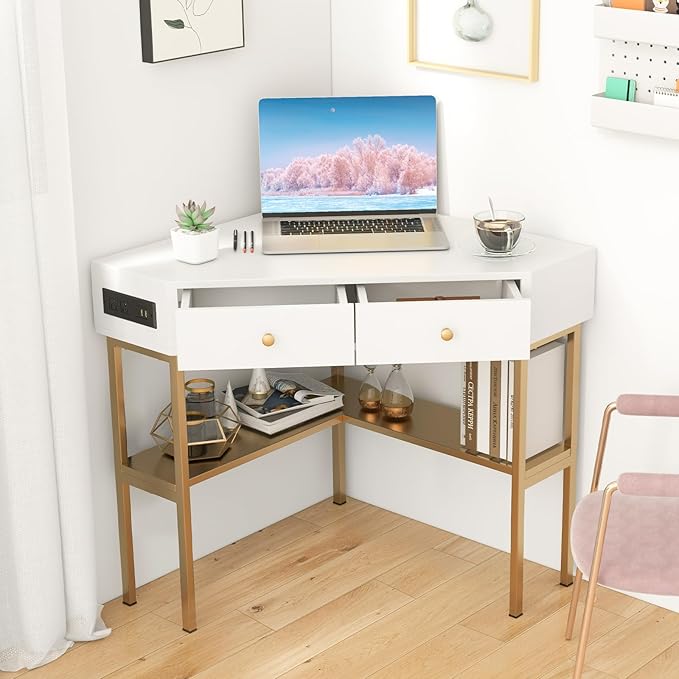 Giantex Corner Desk with Charging Station 90 Degree Triangle Computer Desk with 2 Drawers &amp Storage Shelf L-Shaped Writing Desk Makeup Vanity Table Compact Corner Desk for Small Spaces (Gold)