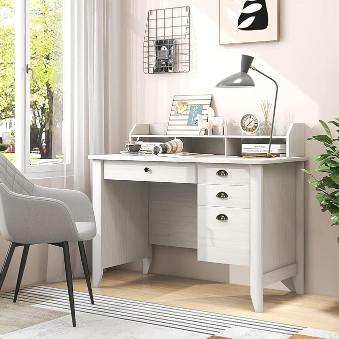 GOFLAME 48” Computer Desk with Hutch Vintage Home Office Desk with Storage Drawers &amp Shelves Space Saving Laptop PC Table Wooden Study Writing Workstation White