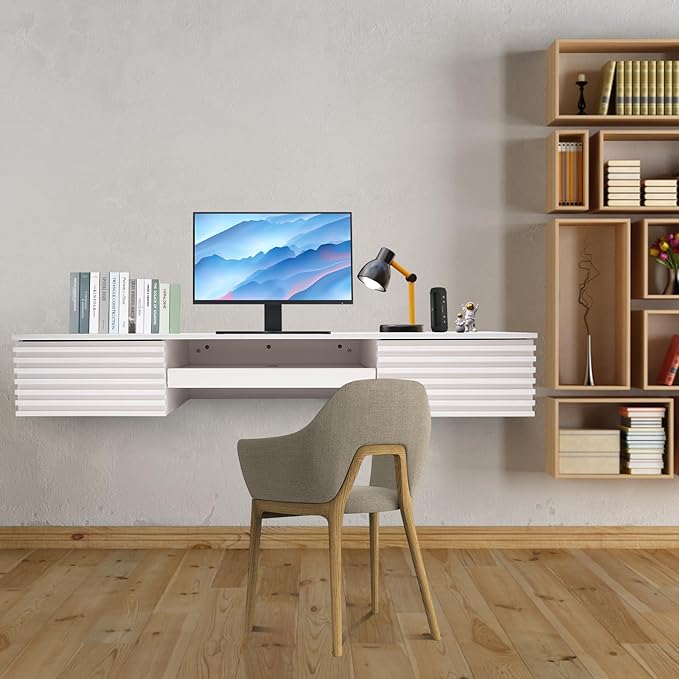 Wall Mounted Desk 60x15.5x9.5 Inch Wall Mount Office Desk with Pull Out Drawer Wall Organizer Table Max. Load Bearing 120lbs (White)