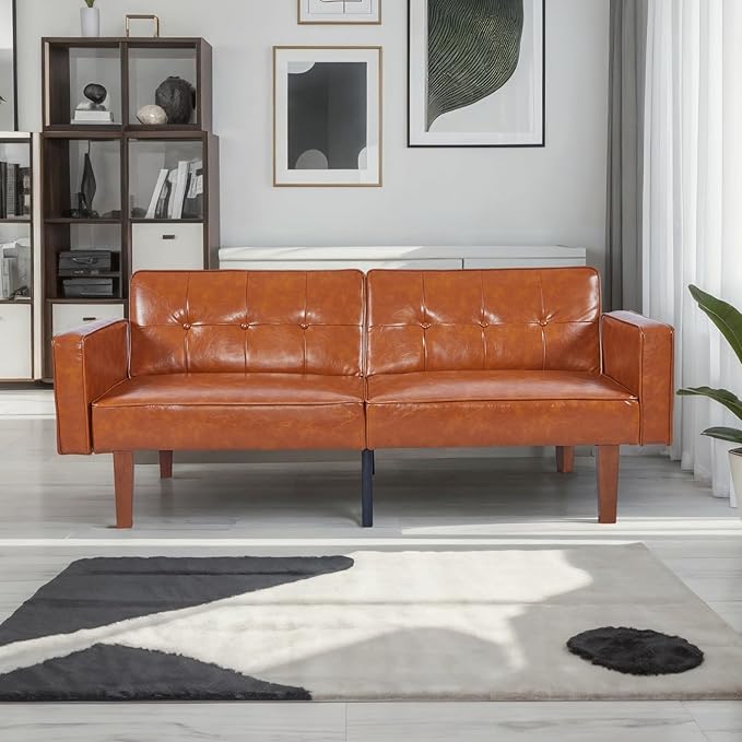 Faux Leather Adjustable Sofa Two-Seater Sofa with Wooden Legs Foldable Sofa Bed mid-Century Style Lounge Sofa Suitable for Apartments Living Room Bedroom Study Office Lounge Brown
