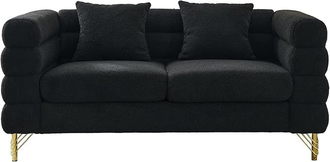 mikibama Modern Teddy Loveseat Sofa 60 Inch Sectional Sofa Couch Luxury 2 Seater Deep Couch with 2 Pillows and Gold Metal Legs for Living Room Bedroom Apartment (Black)