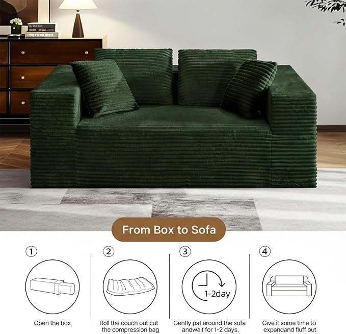 2-Seater Deep-Seat Corduroy Lounge Sleeper Sofa No Assembly Frameless Foam Cloud Couch Comfy Plush Double Seater for Living Room Bedroom Apartment Dorm Office（Green）