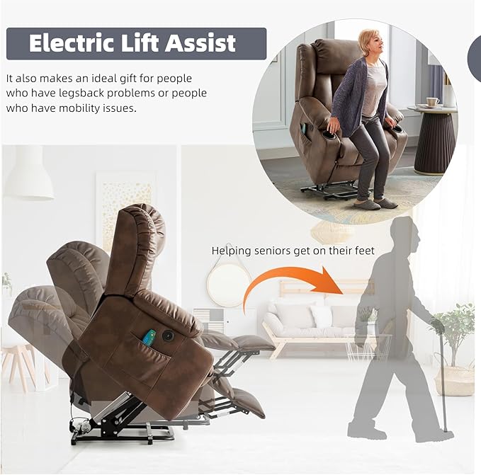 Power Lift Recliner Chair for Elderly Electric Recliner Chairs for Adults with Massage and Heat Cup Holders Remote Control USB Ports Side Pockets Leather (Ochre)