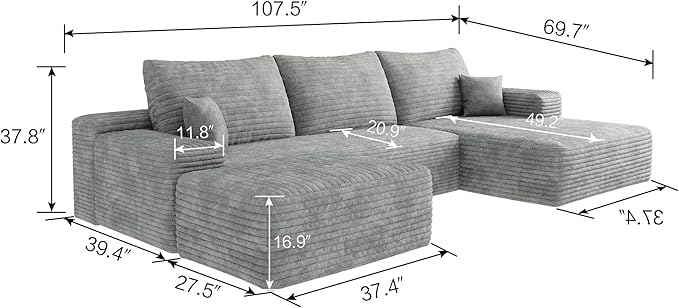 Ball &amp Cast 107 Cloud Sectional Couch with OttomanModern Upholstered Boneless Modular Sofa for Living Room BedroomDeep Seat Compression SofaNo Assembly Required Plush Corduroy FabricGrey