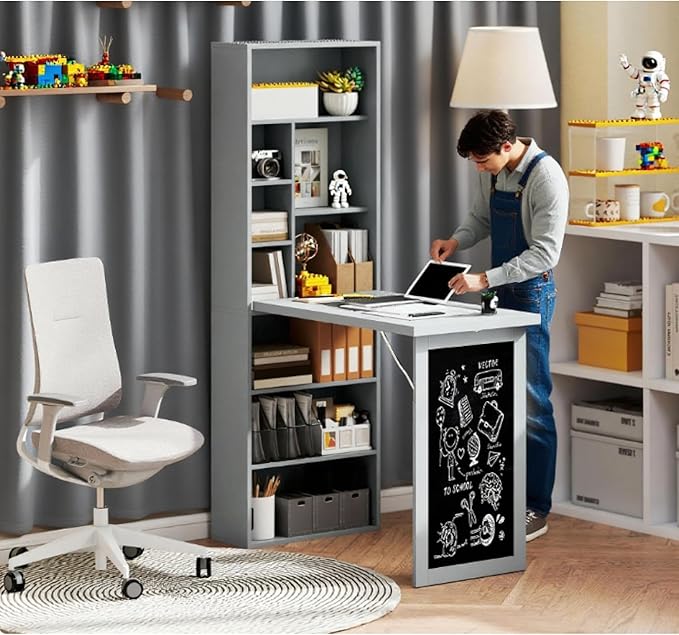 Fold-Out Convertible Office Desk Wall Mount Computer Desk - Metal Charcoal Grey - Foldable Space-Saving Design - Home Office Study - Space-Saving Durable Easy to Assemble