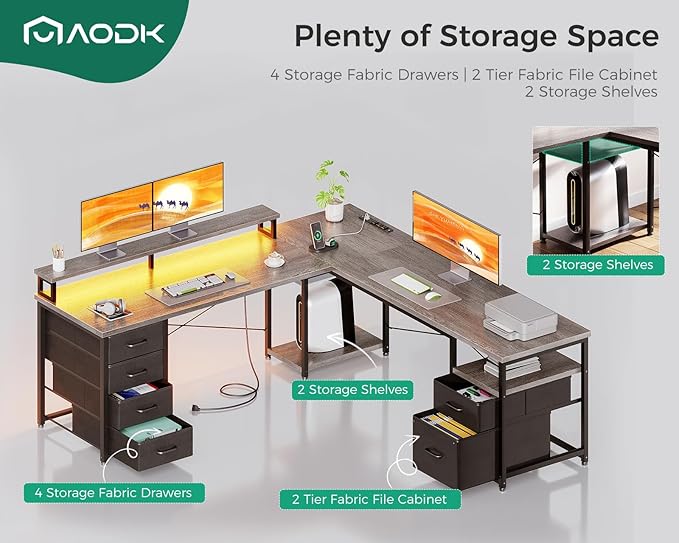 AODK 66 L Shaped Desk 113 Computer Desk with File Cabinet &amp 4 Fabric Drawers Home Office Desk with Monitor Shelf &amp Power Outlet Two Person Desk or Corner Desk Gaming Table with LED Light