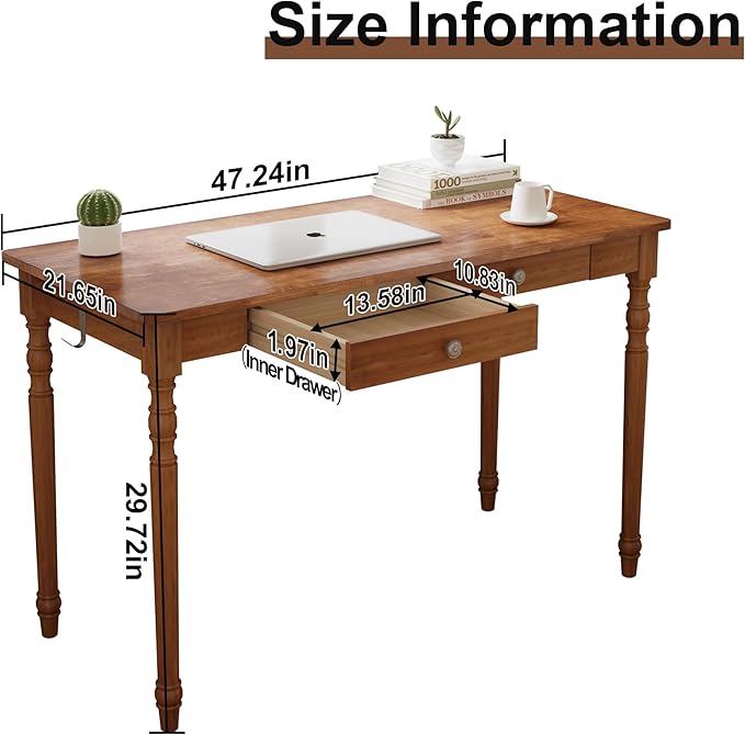 Solid Wood Desk with Drawers - 48 Inch Writing Desk with Drawers Mid Century Modern Desk with 2 Hooks Rubber Wood Study Table for Bedroom Living Room &amp Office Walnut Color