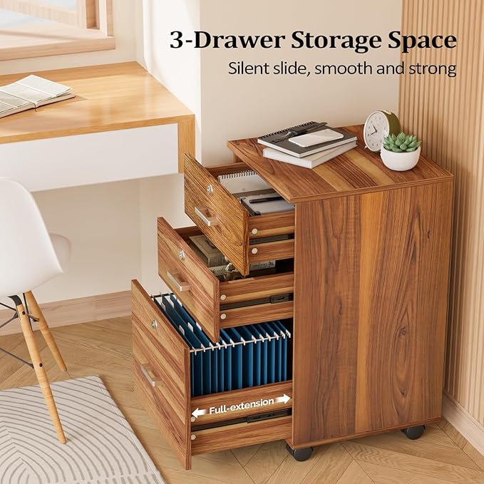 VINGLI 3-Drawer File Cabinet with Lock Wood Rolling Filing Cabinets for Home Office Mobile Printer Stand Under Desk File Organizer for Letter Sized Files 26 H(Caster Included) Walnut