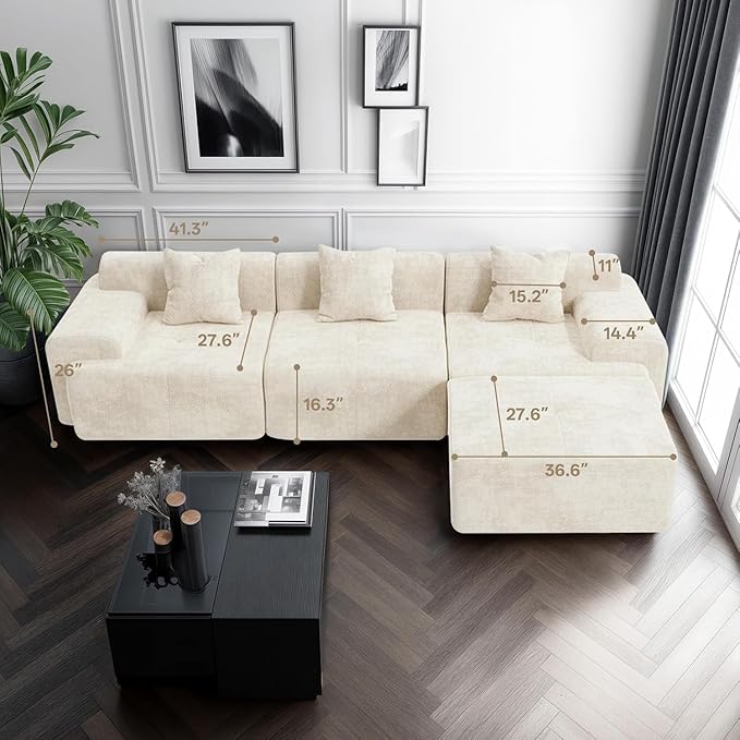 119’’ Modular Compression Sofa L-Shaped Cloud Sectional Couch with Chaise &amp Deep Seating Modern Upholstered Living Room Couch with Removable Pillows Easy Expand Design Beige Chenille Fabric