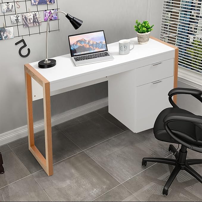 MAT EXPERT 44” Computer Desk White Desk w/Drawer &amp Storage Cabinet for Study Work Makeup Modern Writing Desk PC Laptop Office Table for Bedroom Small Corner Home Office
