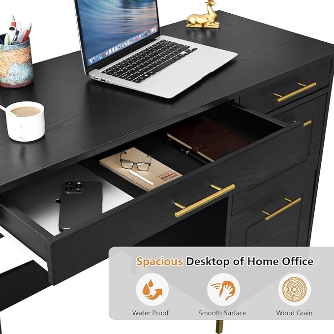 4 EVER WINNER Black Desk with Drawers Modern Home Office Desks with Golden Handles and Drawers Computer Table for Small Spaces Black and Gold Desk