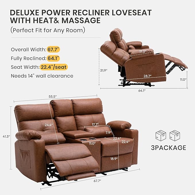 68 Power Reclining Loveseat with Heat &amp Massage Wall Hugger Double Reclining Sofa with Console Cup Holders &amp Storage Power Reclining Couch for Camper Trailer RV Home Theater Living Room