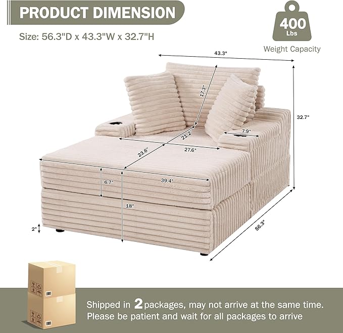Garvee Oversized Chaise Lounge Chair Indoor with Storage Ottoman Upholstered Corduroy Sofa Bed Cloud Couch with 3 Pillows Single Sleeper Sofa Chair for Living Room Bedroom