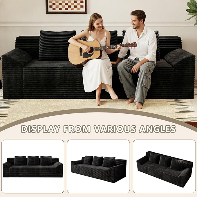 71 Love Seat Couches Corduroy Boneless Loveseat with Deep Seats 2 Seat Couch Apartment Size Couch with 3 Pillows&ampSide Pockets for Bedroom Office No Assembly Required Black